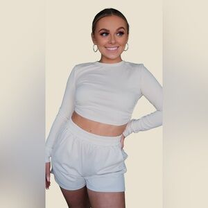 Cream Long Sleeve Crop Top and Shorts Set